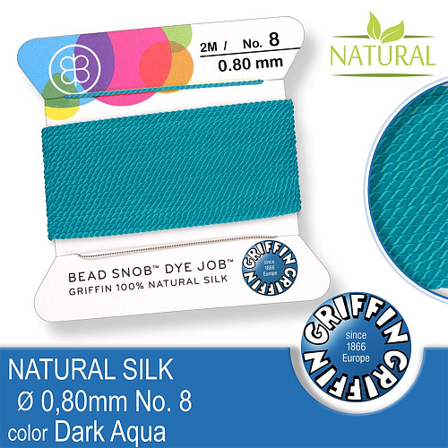 Hedvábná nit s jehlou GRIFFIN síla nitě 0,8mm No.8 délka 2m. Barva Dark Aqua.
