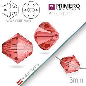 Korálky PRIMERO Crystals . Tvar 5328 Bicone BEADS. Barva Padparadscha. Velikost 3mm balení-25Ks.