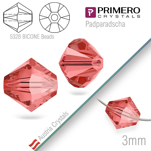 Korálky PRIMERO Crystals . Tvar 5328 Bicone BEADS. Barva Padparadscha. Velikost 3mm balení-25Ks.