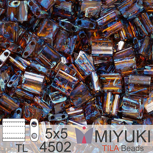 Korálky MIYUKI tvar TILA BEADS velikost 5x5mm. Barva TL-4502 Transparent Dark Topaz Picasso. Balení 5g.