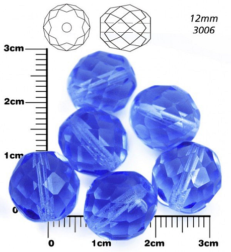 Korálky BROUŠENÉ 12mm. Barva 3006, Průhledná modrá. Balení 8Ks.
