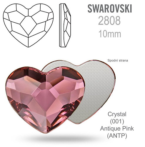 SWAROVSKI 2808 Heart Flat Back Foiled velikost 10mm. Barva Crystal (001) Antique Pink (ANTP)
