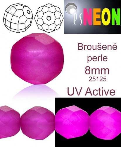 Korálky NEON (UV Active) BROUŠENÉ velikost pr.8mm barva 25125 FIALOVÁ mírně průhledná. Balení 15Ks. 