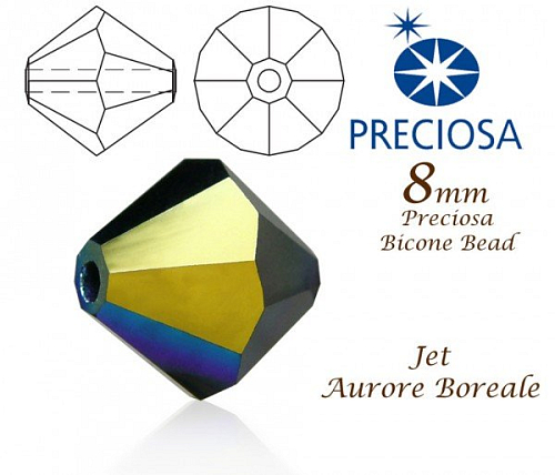 PRECIOSA Bicone MC BEAD (sluníčko) velikost 8mm. Barva JET Aurore Boreale. Balení 10ks .