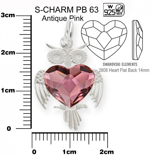Přívěsek tvar SOVA+Swarovski 2808 14mm Crystal (001) Antique Pink (ANTP) ozn.PB 63. Materiál Ag925. Váha Ag 1,30g