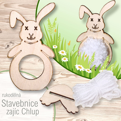 Rukodělná stavebnice ZAJÍC Chlup. Velikost 6x11cm. Vše uloženo v papírovém boxu. Materiál dřevo, příze, papír. Balení 2Ks.