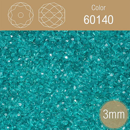 Korálky BROUŠENÉ 3mm. Barva 60140 průhledná tyrkysová. Balení 150Ks.