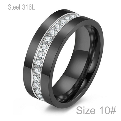 Prsten  z chirurgické ocele s černým pokovem  R 086 s krystalovými kamínky v středu náramku o velikosti 10
