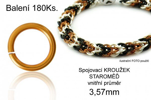 Spojovací KROUŽEK balení. Průměr vnitřní 3,57mm. Tl.0,8mm. Balení 180ks. Barva MĚDĚNÁ. 