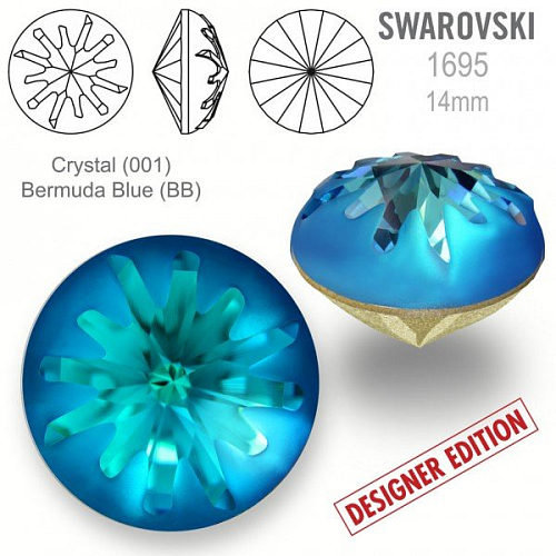 Swarovski 1695 Sea Urchin Round Stone PF velikost 14mm. Barva Crystal (001) Bermuda Blue (BB).