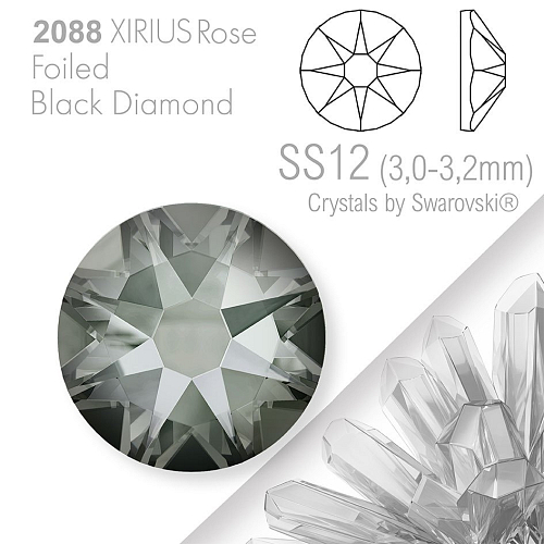 SWAROVSKI  XIRIUS Rose 2088 Foiled. Barva Black Diamond velikost SS12 (3,0-3,2mm). Balení 30Ks.