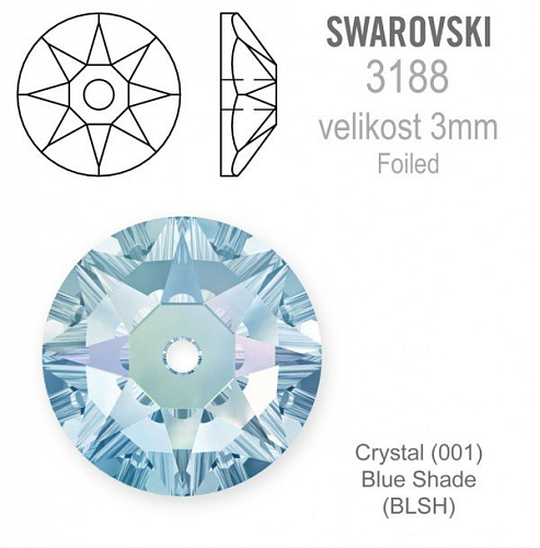 Swarovski 3188 XIRIUS Lochrose našívací kameny velikost pr.3mm barva Crystal Blue Shade 