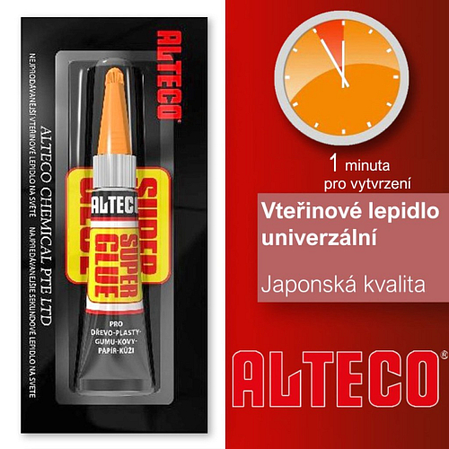 ALTECO univerzání vteřinové lepidlo. Vhodné pro plasty, kov, gumu atd. Balení 3g. 