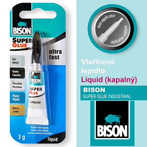 Vteřinové lepidlo BISON Liquid (kapalné). Určené pro lepení kov, guma, porcelán , plasty, dřevo. Balení 3g.