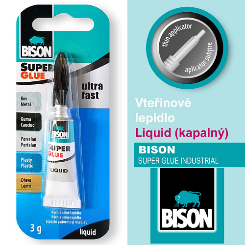 Vteřinové lepidlo BISON Liquid (kapalné). Určené pro lepení kov, guma, porcelán , plasty, dřevo. Balení 3g.