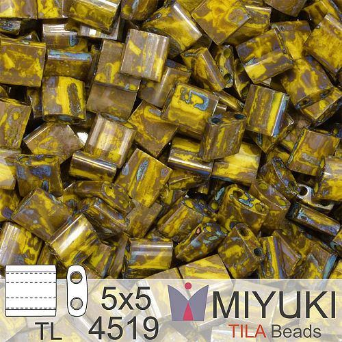 Korálky MIYUKI tvar TILA BEADS velikost 5x5mm. Barva TL 4519 Opaque Dark Yellow Picasso. Balení 5g.