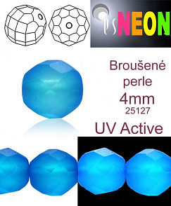 Korálky NEON (UV Active) BROUŠENÉ velikost pr.4mm barva 25127 MODRÁ SVĚTLÁ mírně průhledná. Balení 31Ks. 