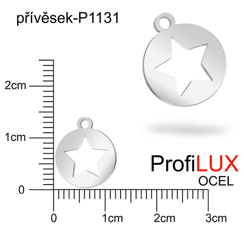 Přívěsek Chirurgická Ocel ozn-P1131 kolečko s HVĚZDOU velikost pr.12mm tl.1.0mm. Velikost otvoru pr. 1,5mm.Řada přívěsků ProfiLUX. 