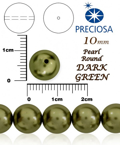 PRECIOSA Voskované Perle barva DARK GREEN velikost 10mm. Balení návlek 12Ks. 