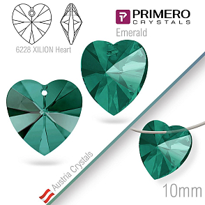 Korálky PRIMERO Crystals. Tvar 6228 XILION Heart. Barva Emerald. Velikost 10mm
