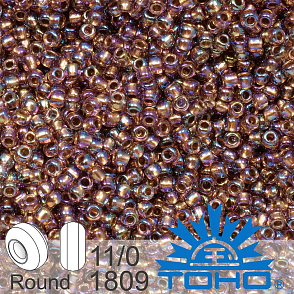 Korálky TOHO tvar ROUND (kulaté). Velikost 11/0. Barva č.1809-Copper-Lined Rainbow Lt. Amethyst Balení 8g.
