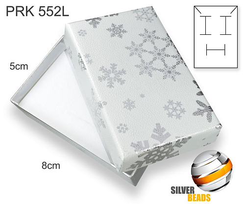 Krabička na šperky. Materiál papír+mašle . Ozn. PRK 552L. Velikost 5x8cm. Barva Bílo/Stříbrná s potiskem VLOČKY (stříbrná barva)