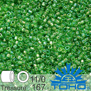 Korálky TOHO tvar TREASURE (válcové). Velikost 11/0. Barva č. 167-Trans-Rainbow Peridot . Balení 5g.