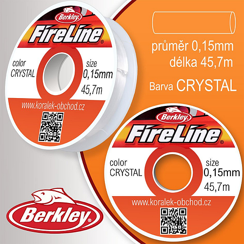 FIRELINE Berkley profesionální splétaná šnůra z polyethylenových vláken. Průměr 0,15mm, zátěž 8,3Kg, balení (50yards) 45,7m, barva CRYSTAL.
