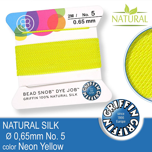 Hedvábná nit s jehlou GRIFFIN síla nitě 0,65mm No.5 délka 2m. Barva Neon Yellow