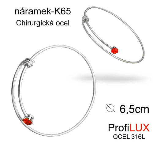 Náramek Chirurgická Ocel ozn-K65 s červeným kamínkem SIAM  velikost 65mm síla drátu tl.1.5mm. Řada komponentů ProfiLUX. 