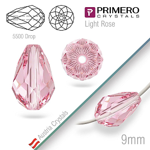 Korálky PRIMERO Crystals . Tvar 5500 Drop. Barva Light Rose. Velikost 9mm