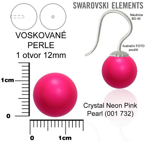 SWAROVSKI 5818 Voskované Perle 1otvor barva CRYSTAL NEON PINK  PEARL velikost 12mm. 