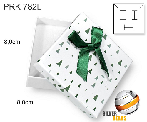 Krabička na šperky. Materiál papír . Ozn. PRK 782L. Velikost 8x8cm. Barva Bílá + zelené vánoční stromečky