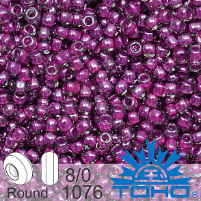 Korálky TOHO tvar ROUND (kulaté). Velikost 8/0. Barva č. 1076-Inside Color Grey/Magenta Lined . Balení 10g.