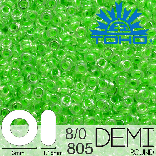 Korálky TOHO Demi Round 8/0. Barva 805 Luminous Neon Green. Balení 5g