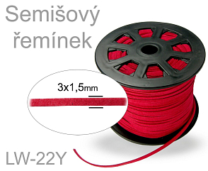 SEMIŠOVÁ šňůra plochá. Ozn.- LW-22Y. Barva RED (ČERVENÁ). Velikost šířka 3mm tl.1,5mm. 