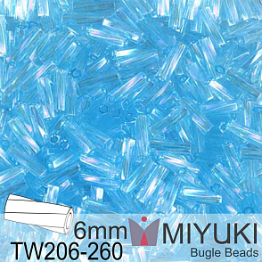 Korálky Miyuki Bugle Bead 6mm. Barva TW206-260 Transparent Aqua AB. Balení 10g.