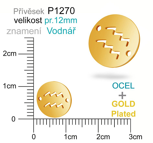 Přívěsek Ocel ozn-P1270 znamení VODNÁŘ 2x otvor velikost pr.12mm. Barva POZLACENO. Řada přívěsků ProfiLUX