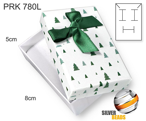 Krabička na šperky. Materiál papír . Ozn. PRK 780L. Velikost 5x8cm. Barva Bílá + zelené vánoční stromečky