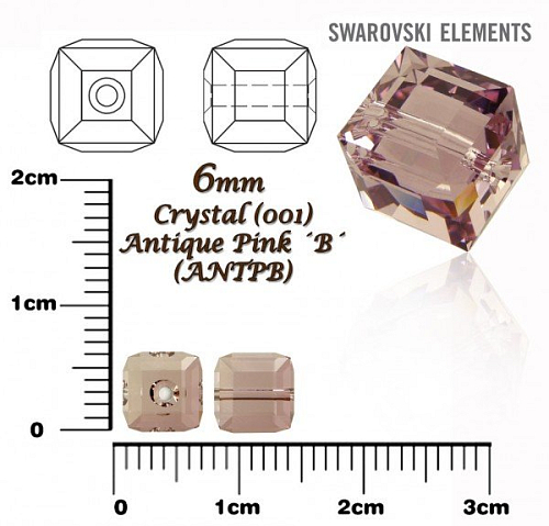 SWAROVSKI CUBE Beads 5601 barva CRYSTAL ANTIQUE PINK ´B´ velikost 6mm