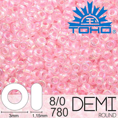 Korálky TOHO Demi Round 8/0. Barva 780 Inside-Color Rainbow Crystal/Bubble Gum-Lined. Balení 5g