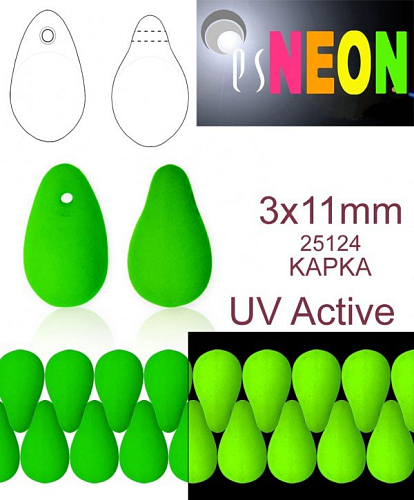 Korálky NEON (UV Active) KAPKA velikost 3x11mm barva 25124 ZELENÁ. Balení 30Ks. 