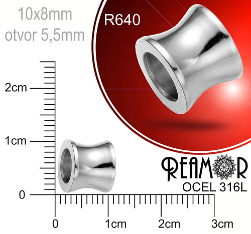 Korálek tvarovaný Reamor CHIRURGICKÁ OCEL ozn.-R640. Velikost 10x8mm otvor 5,5mm.