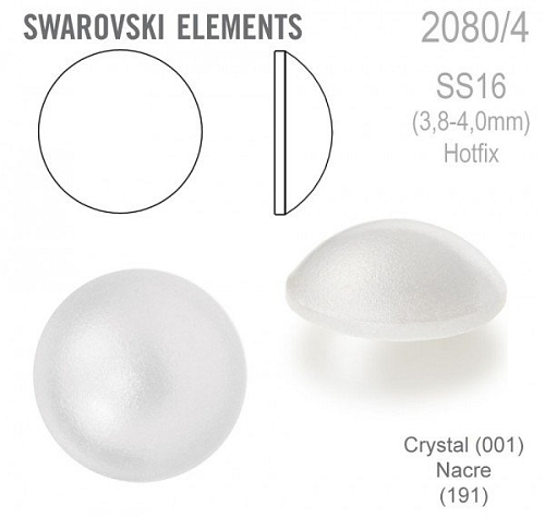 Swarovski 2080/4 Cabochon Round velikost SS16 barva Crystal Nacre Hotfix