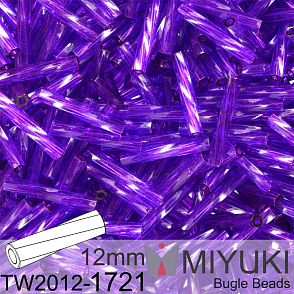 Korálky Miyuki Twisted Bugle 12mm. Barva TW2012-1721 Dyed Transparent Dark Purple.  Balení 10g.