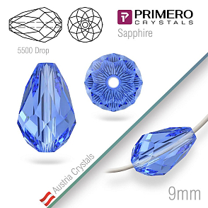 Korálky PRIMERO Crystals . Tvar 5500 Drop. Barva Sapphire. Velikost 9mm