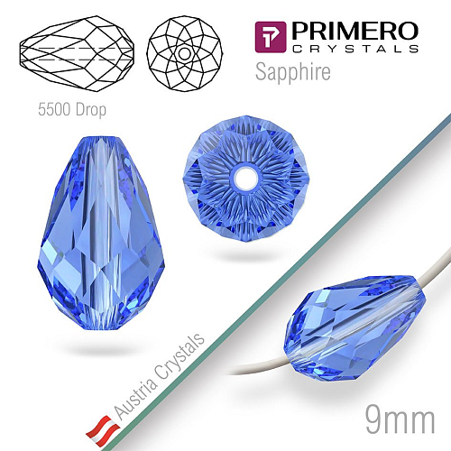 Korálky PRIMERO Crystals . Tvar 5500 Drop. Barva Sapphire. Velikost 9mm
