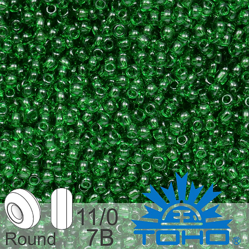 Korálky TOHO tvar ROUND (kulaté). Velikost 11/0. Barva č. 7B-Transparent Grass Green . Balení 8g.