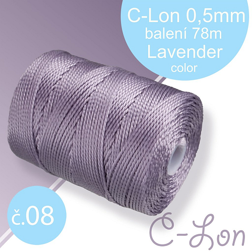 Nylonová nit C-Lon pevná korálková nit. Barva 08 Lavender. Síla nitě 0,5mm. Balení 78m na cívce.
