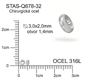 Korálek PLACKA CHIRURGICKÁ OCEL ozn.-STAS-Q678-32. Velikost pr.3,0x2,0mm otvor 1,4mm.